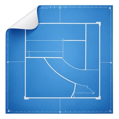 side view of a blue blueprint plan with white lines and a curled corner sticker