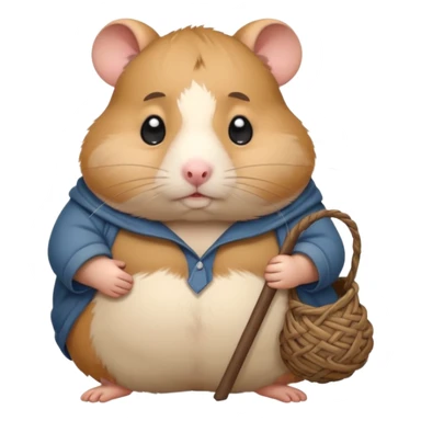 Fat cartoon-style hamster hobo carrying a bindle over its shoulder with a sad expression. sticker