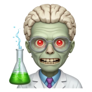 mad experiment zombie scientist portrait, head and shoulders only, exposed brain glow, broken glasses, evil grin, horror lab vibe, 3D cartoon, mobile game icon style, clean background, no text, no watermark
 sticker