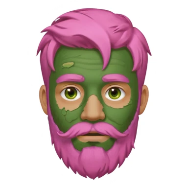 pink haired man with full full face dirty messy green clay mask and beard sticker