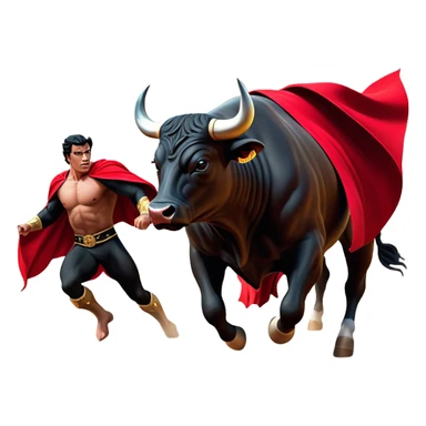 ​Cinematic Realistic black charging bull, against a matador depicted in a flowing red cape, captured in the dramatic moment of confronting a charging bull in a traditional bullring, rendered with dynamic motion and dramatic lighting that encapsulates the intensity and artistry of the spectacle, sticker