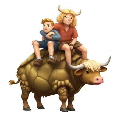 turtle getting a piggy back ride from a highland cow sticker