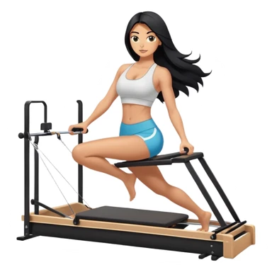 woman with tanned skin, long black hair, wearing a sports bra, doing exercise on a Pilates reformer machine sticker