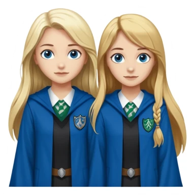 a pretty ravenclaw girl with long brown hair and blue eyes standing with a hot Slytherin girl with long blonde hair, blue eyes sticker