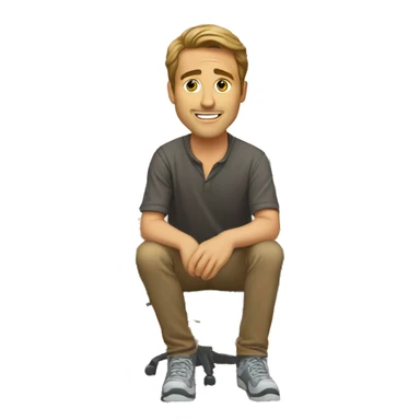 white brown haired man kneeling on floor in front of computer desk sticker