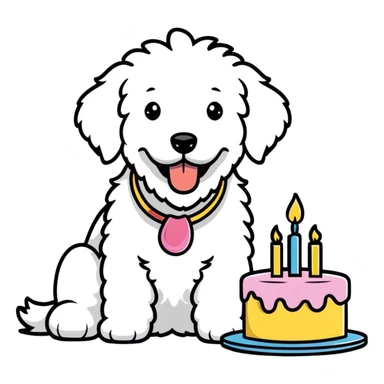 Shaggy large White Goldendoodle eating birthday cake  sticker