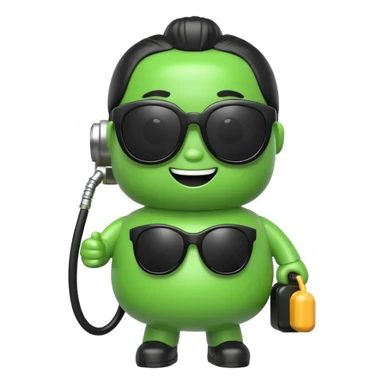 A cute 3D icon of a green gas pump character wearing oversized black sunglasses. Round and chubby proportions, glossy toy-like texture, soft pastel lighting, friendly expression, smooth edges, high-quality render, isolated on a transparent background. sticker