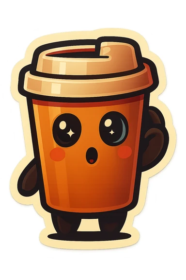 Tall coffee cup, intrigued, drinking, watching sticker