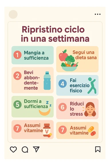infografica stile post di instagram con titolo "Ripristino ciclo in una settimana" sticker