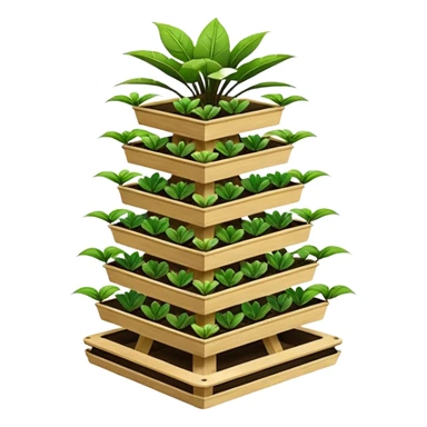 Very Large alien-futuristic multi-tier multi-level square plant rack, which holds thirty-five plants, constructed from plywood sticker
