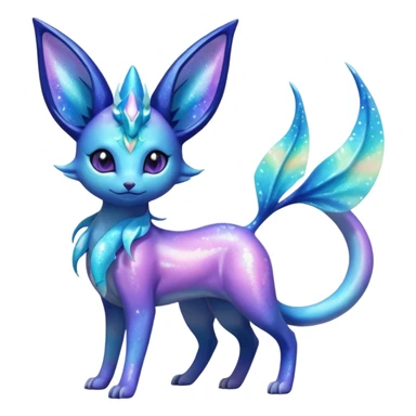 Shiny Iridescent Sparkly Nebulae Espeon-Lumineon-Vaporeon-Amaura-Glaceon-Dragonair-Fakémon-hybrid-creature (full body)  with a galaxy-dust-flowing-gradient-tail sticker