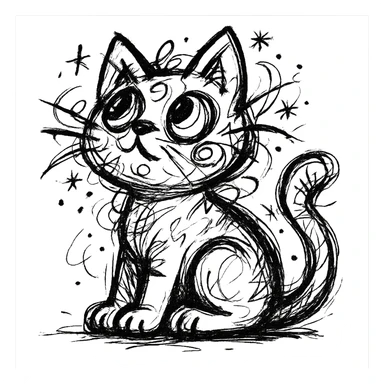 chaotic outlined icon of a cute kitten sitting and looking up, with wild scribbled lines sticker
