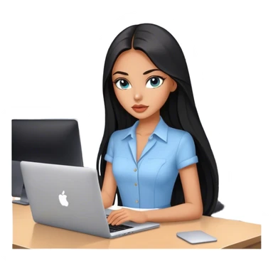 Glamours tanned very beautiful girl with pump peach nude lips and black straight smooth long hair, blue-grey eyes in beautiful clothing with MacBook in the office sticker