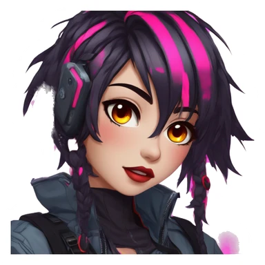 Gorgeous bright colorful neon techwear anime style lady with blushing face aesthetic and pretty edgy black red punk messy hair with collar and harness trending style sticker