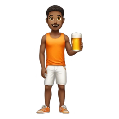 Boy wearing white tank top and orange shorts holding beer tray sticker