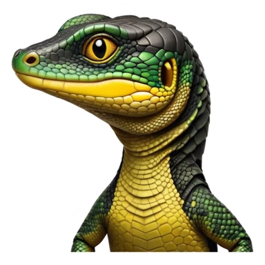 cinematic-realistic-cute-monitor-lizard-portrait-emoji,-head-tilted-playfully-and-inquisitively,-featuring-a-compact,-agile-body-with-finely-detailed,-glossy-scales-in-earthy-black and yellow-hues-and-a-distinct,-alert-face-with-bright,-curious-eyes, black , yellow spotted and green band  scales and a slender neck sticker