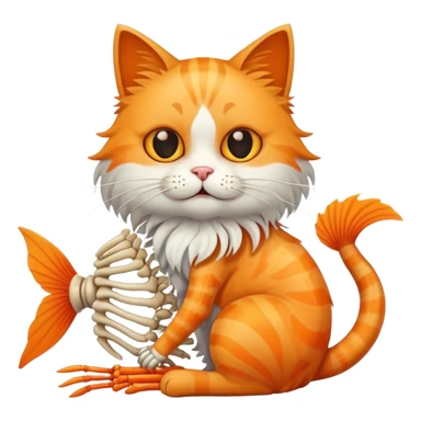 cat full body sitting with fish skeleton with fins and bones in mouth sticker