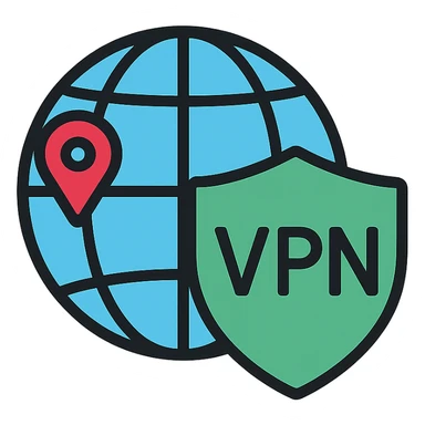 VPN globe icon with a shield, showing a location pin on the USA, modern, blue and green color scheme sticker