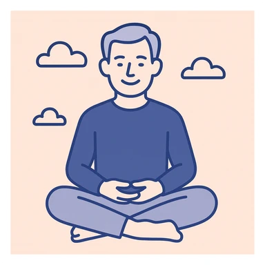 gray haired 50-year old white man peacefully meditating, smiling, back straight, legs crossed, hands in his lap, serene, calm, mindfulness, manifesting, clean modern illustration style sticker