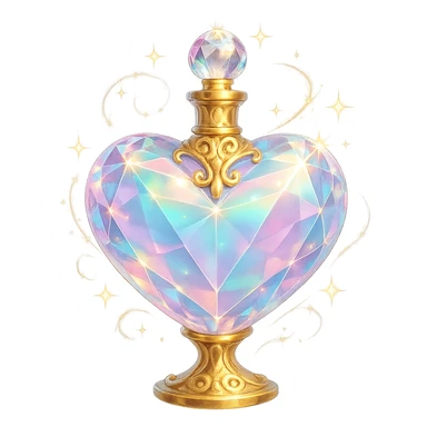 crystal luxurious elixir bottle in heart shape, pastel gradient, lots of glowing shine, facets, ornaments, golden details, magical effects, very small golden neck, transparent background, beautiful connected base, clearly floating in air, no base or shadow, premium class, matching collection sticker