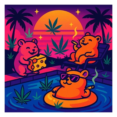 Discord server icon, square format, vibrant pool party at sunset with up to 3 hamsters, weed leaves, cheese, and THC theme, no disco ball, synthwave vaporwave style, bold neon colors, high contrast, dreamy gradients, sparkles, nostalgic, fun, inviting, summer party vibe, clear composition, less cutesy sticker