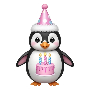 cute penguin with birthday hat hold a birthday pink cake in arms sticker