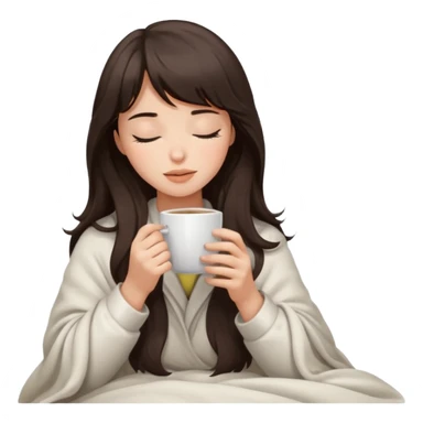 Dark brown wavy hair with straight bang girl inside a white blanket sipping coffee eyes closed sticker
