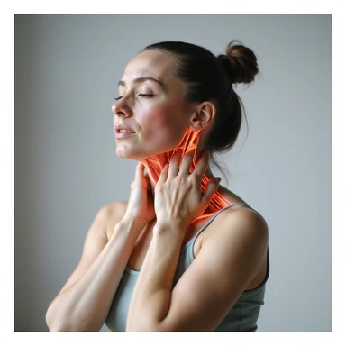 realistic anatomical standing woman with tense neck muscles and cervical contractures, expression of discomfort, neutral background sticker