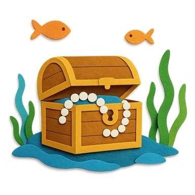 treasure chest underwater with pearls, seaweed, and fish, layered paper effect in paper-craft style sticker