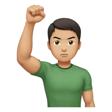 A determined Korean man in a green shirt, clenching his fist with a confident expression. Emoji-style digital illustration sticker