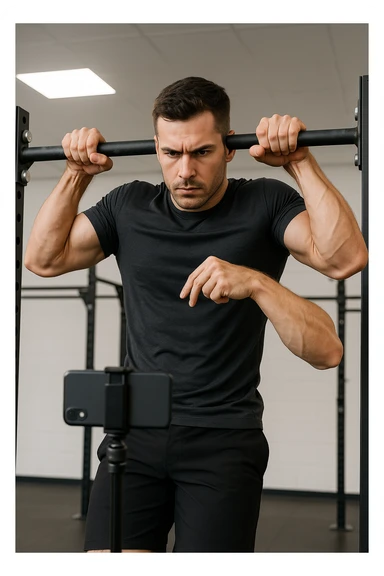 uomo che fa Muscle up e si sta filmando davanti con il telefonino per vedere la sua posizione dei gomiti e delle mani sulla sbarra sticker