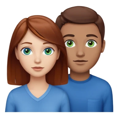 One woman with blue eyes, brown hair, light skin standing next to another woman with darker red brown hair, lighter skin, and green eyes, standing next to a man with no facial hair, blue eyes, and short brown hair sticker