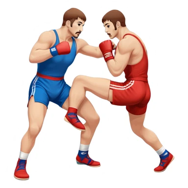 Two Sambo fighters in blue and red gis with shorts and wrestling shoes, executing gripping and throwing techniques. The fighters are engaged in a dynamic, action-packed moment with no strikes. The background features a wrestling mat, focusing on the technique and control. Transparent background  sticker