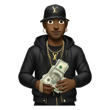 Rapper in black louis vuitton flexing money sticker