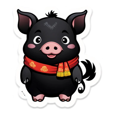 A black piglet wearing korean traditional cloth with "luck” written on cloth. sticker