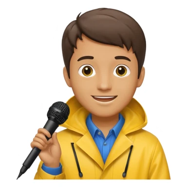 man with rain coat and microphone sticker