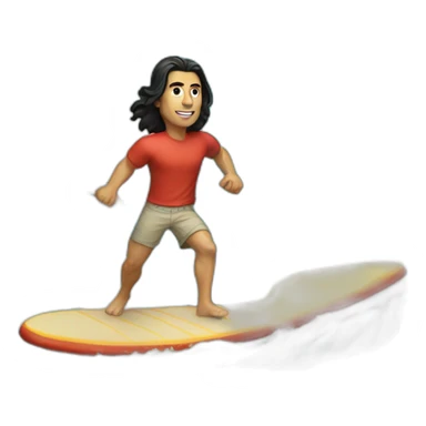 guy with long black hair in short and t-shirt surfing a wave textured like a pizza sticker