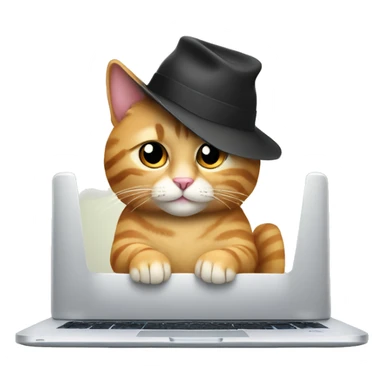 A cat with a hat is sitting and typing on the Laptop sticker