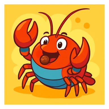 round crayfish eating, pellet visible, fun illustration, lively and colorful sticker