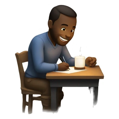 a white man writing a letter and being happy. with a candle in the darkness. sticker