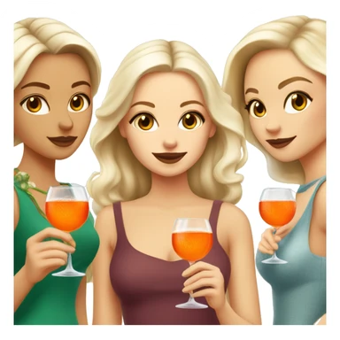 Four beautiful white european girls, one with blond hair and three with dark blond hair in dresses drinking aperol sticker