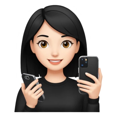 influencer girl black haired, phone in hand, recording herself, confident, trendy, sticker