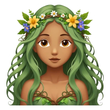Cinematic Realistic Forest Nymph Fairy Portrait, depicted with lifelike, sun-kissed tanned skin that radiates an earthy glow, softly illuminated by natural, dappled light. Her long, flowing hair is intricately detailed and interwoven with delicate vines and wildflowers, while her deep, soulful eyes mirror the wisdom of the forest. Dressed in an attire inspired by nature’s palette—with subtle botanical motifs—the portrait exudes a soft, enchanted glow that melds realism with woodland magic. sticker