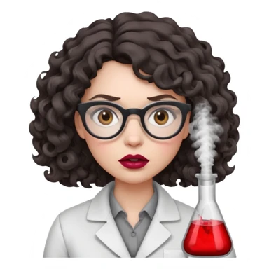 A crazy female scientist, with curly-wavy dark brown medium lenght hair, brown eyes and light grey glasses and pale skin and pinkish lips, dressed to look like an english teacher but in neutral tones like grey black white, maybe with the pop of dark red, she should look slighltly mad/crazy sticker