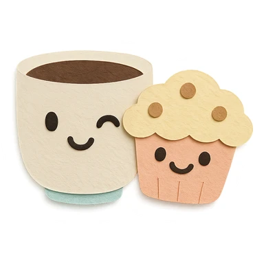 coffee cup with muffin character, winking, soft pastel colors, transparent background sticker