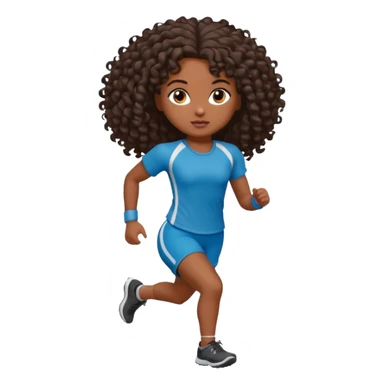 Uma boneca morena escura com olhos castanhos e cabelo cacheado longo até o peito, treinando correndo sticker