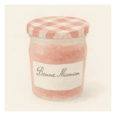 a Bonne Maman jam jar, featuring the classic gingham lid and elegant label, in a soft watercolor art style sticker