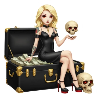 Lilith symbol red eye seductress evil shoulder length blonde haired sexy succubus woman with leather long dress with slit, sitting on a case of gold and cash. Black Platform high heels on feet. Tattoo sleeve arms, seat full of stacks of cash,  dead human skull of her enemies in her other hand sticker