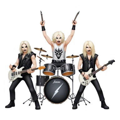 Icon for Heavy Metal Music: 4 men band on stage with electric guitars, drums and intense lighting. 4 Musicians headbanging, surrounded by energy and stage effects, capturing the power and intensity of a metal concert. Transparent background. sticker