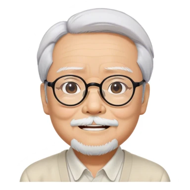 ​Cinematic Realistic Portrait of Hayao Miyazaki, depicted with defined black eyebrows, and large rectangular glasses, his happy expression rendered in lifelike detail, illuminated with soft, realistic lighting that emphasizes his creative genius, sticker